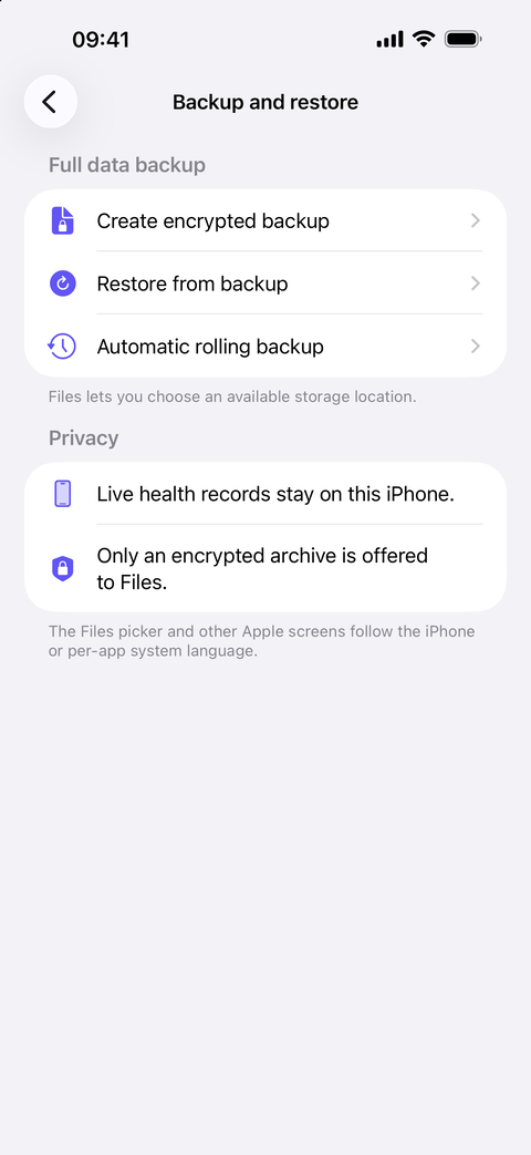 Backup and restore screen showing encrypted manual and rolling backup options.