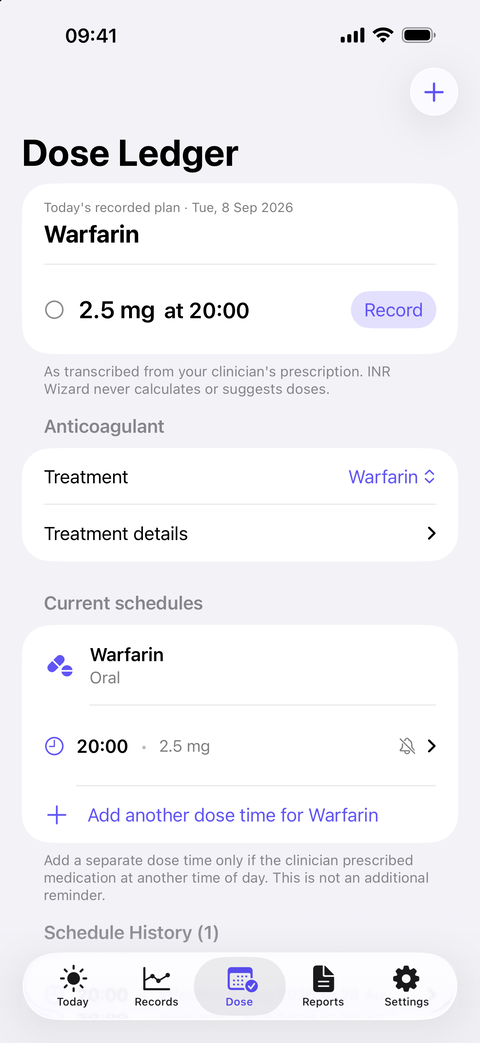 Dose Ledger showing a fictional patient-entered Warfarin schedule and an action to record what happened.