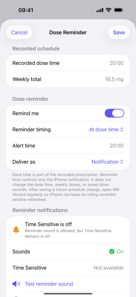 Dose Reminder screen showing the recorded dose time, reminder timing, delivery choice, notification status, and sound test.