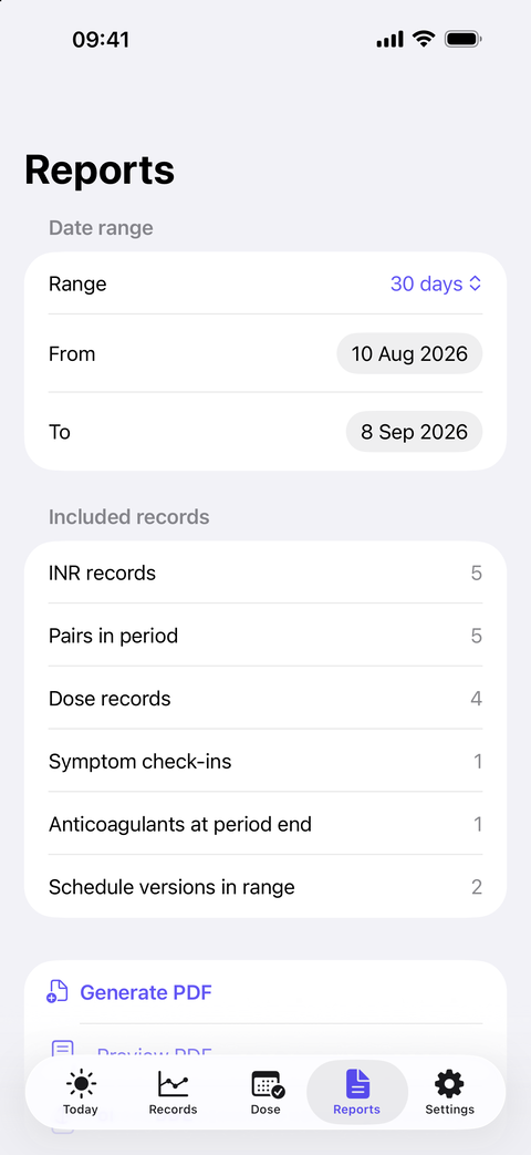 Reports screen showing fictional record counts and controls for generating a date-range PDF.