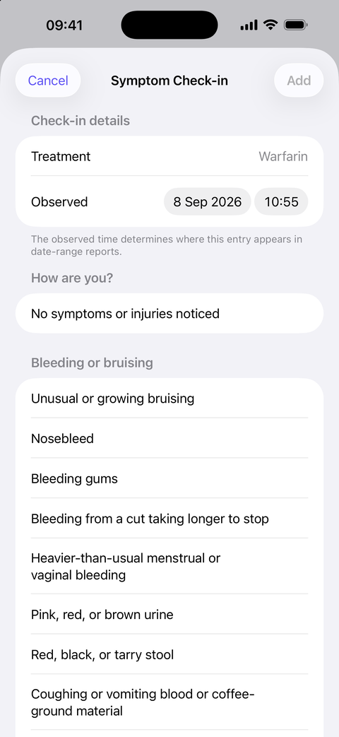 Unselected Symptom Check-in form showing a time picker, symptom and injury choices, and the Save button.